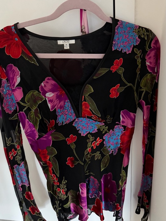 Cache Tops - Cache Black Floral V-Neck Long Sleeve Top with Purple, Red & Blue Blooms